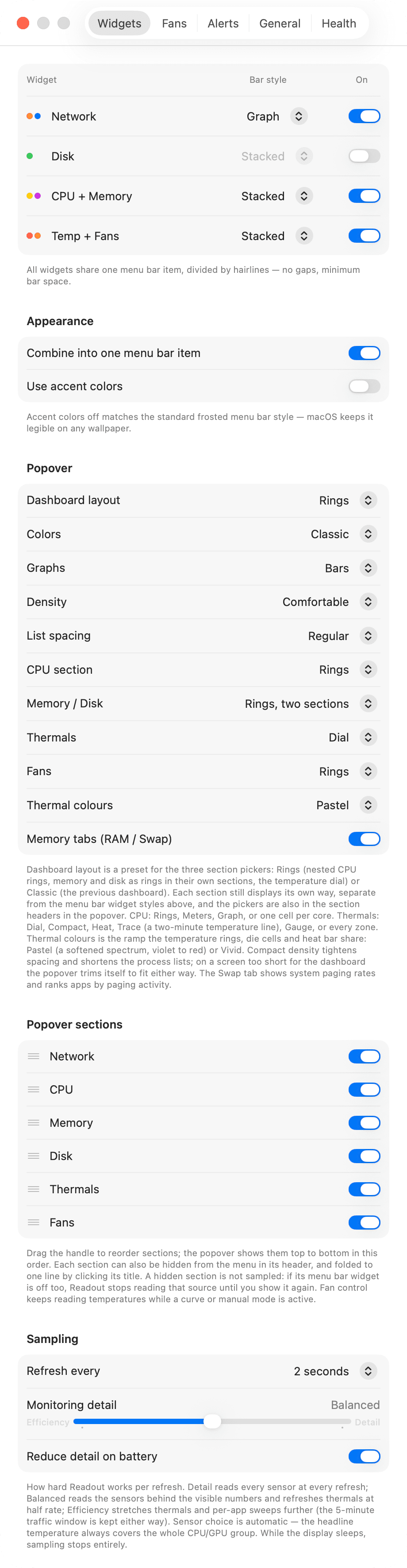 Readout's sampling settings, at the foot of the Widgets tab: a refresh interval menu set to 2 seconds, a three-notch Monitoring detail slider sitting on Balanced between Efficiency and Detail, and a switch for reducing detail on battery.